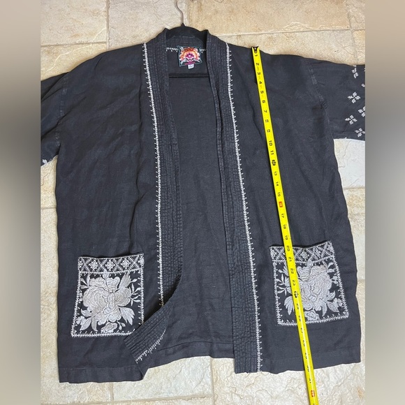 Johnny Was Black Linen Embroidered Kimono Jacket L Boho Open Cardigan Western - Picture 9 of 10